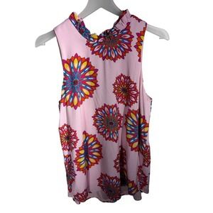 Gibsonlook Pink Floral Sunburst Ruffle Neck Tie Back Sleeveless Blouse‎ Medium